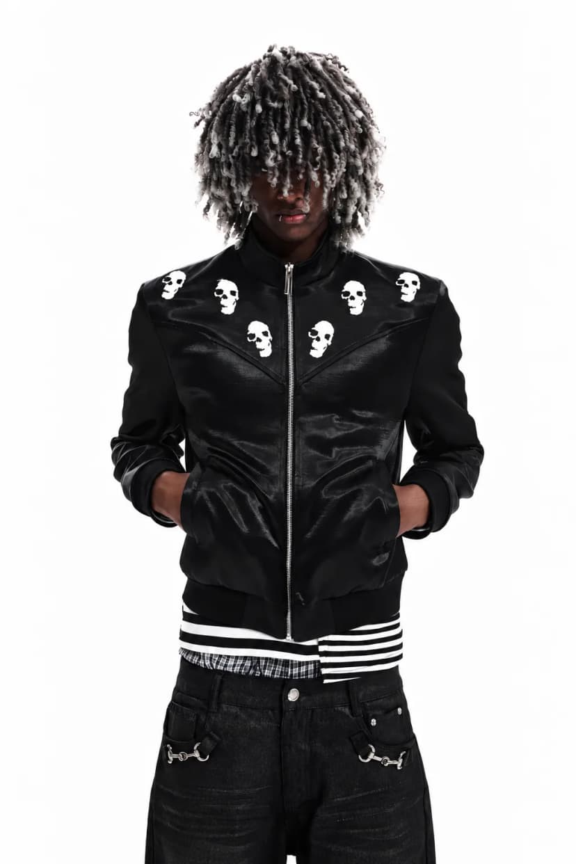 Skull! Print Leather Zip Jacket 사진 1/5